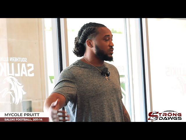 MyCole Pruitt speaks to Saluki Football team on game day