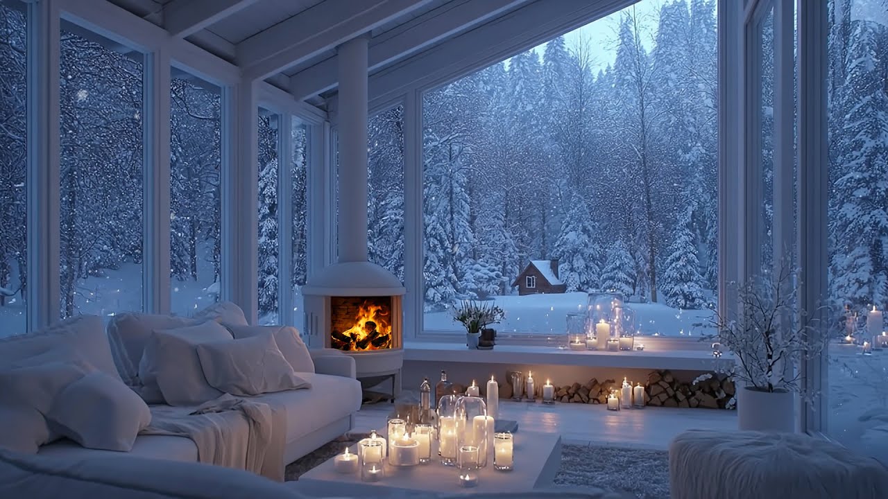 3 Hours Aesthetic Winter Ambience - Modern Glass House with Fireplace and Snow for Sleep 2026