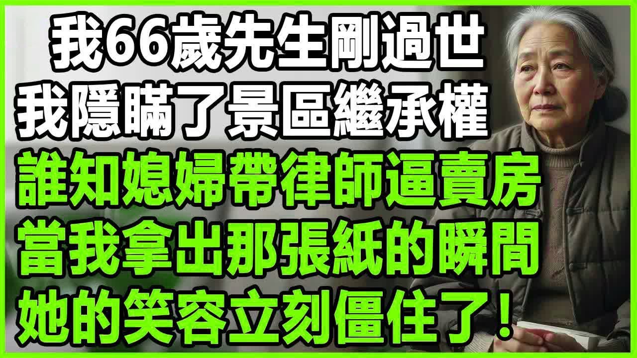 我66歲，先生剛過世，我隱瞞了景區繼承權，誰知媳婦帶律師逼賣房，當我拿出那張紙的瞬間，她的笑容立刻僵住了！