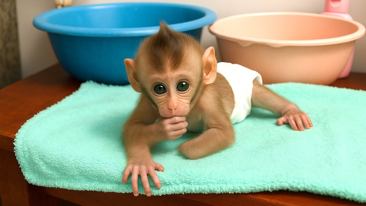Little Puppy Monkey live Mum Bathing ,Give Nappy , Give Koko