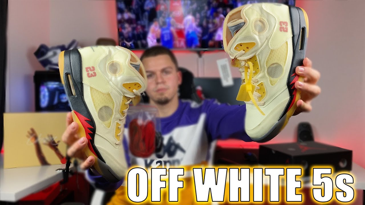 OFF WHITE Air Jordan 5 Sail (Fire Red) Retail Early Review Unboxing On Feet in 4K