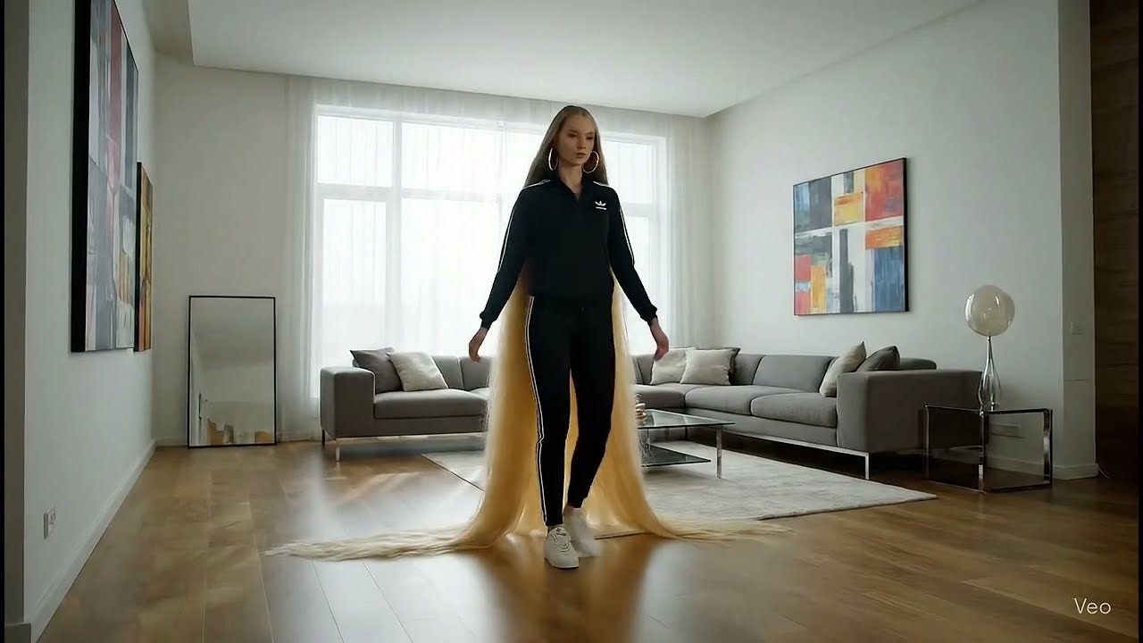 Woman uses extremely long floor-length hair as mop
