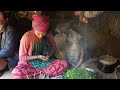 Cutting green vegetables and potatoes curry recipe || Village life || Primitive life