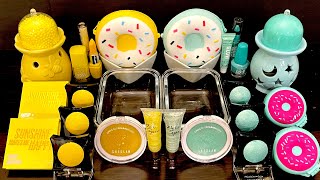 Mixing Mint Vs Yellow Doughnut Slime With Makeup Palette, Lipstick, Glitter, Gloss Satisfying Asmr