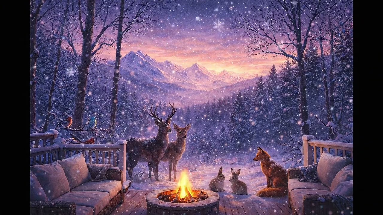 AMBIENCE Relaxing Woods Snow Winter LoFi Jazz Relaxing Background Warm Fire Hygge Nature