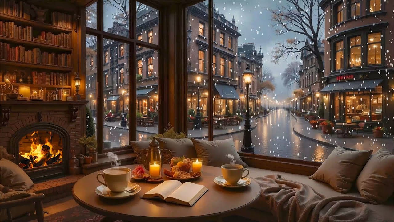 Cozy Snowy Winter Coffee Ambience 4K ️ Relaxing Jazz Piano & Fireplace ...