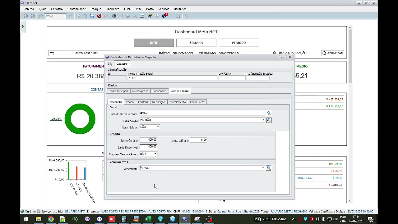 Cadastro Cliente a prazo e Usuario MetaNET