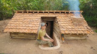 Building Bushcraft Survival Underground Shelter, Clay Fireplace, Log Cabin Roof, START to FINHISH