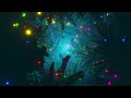 4K Animation. VJ Loop. Flying through foliage in a dark jungle with lots of colorful fireflies.