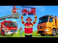 İtfaiye aracı çöp kamyonu ve traktör ile çocuklar kurtarın Kids learn with fire truck, garbage truck