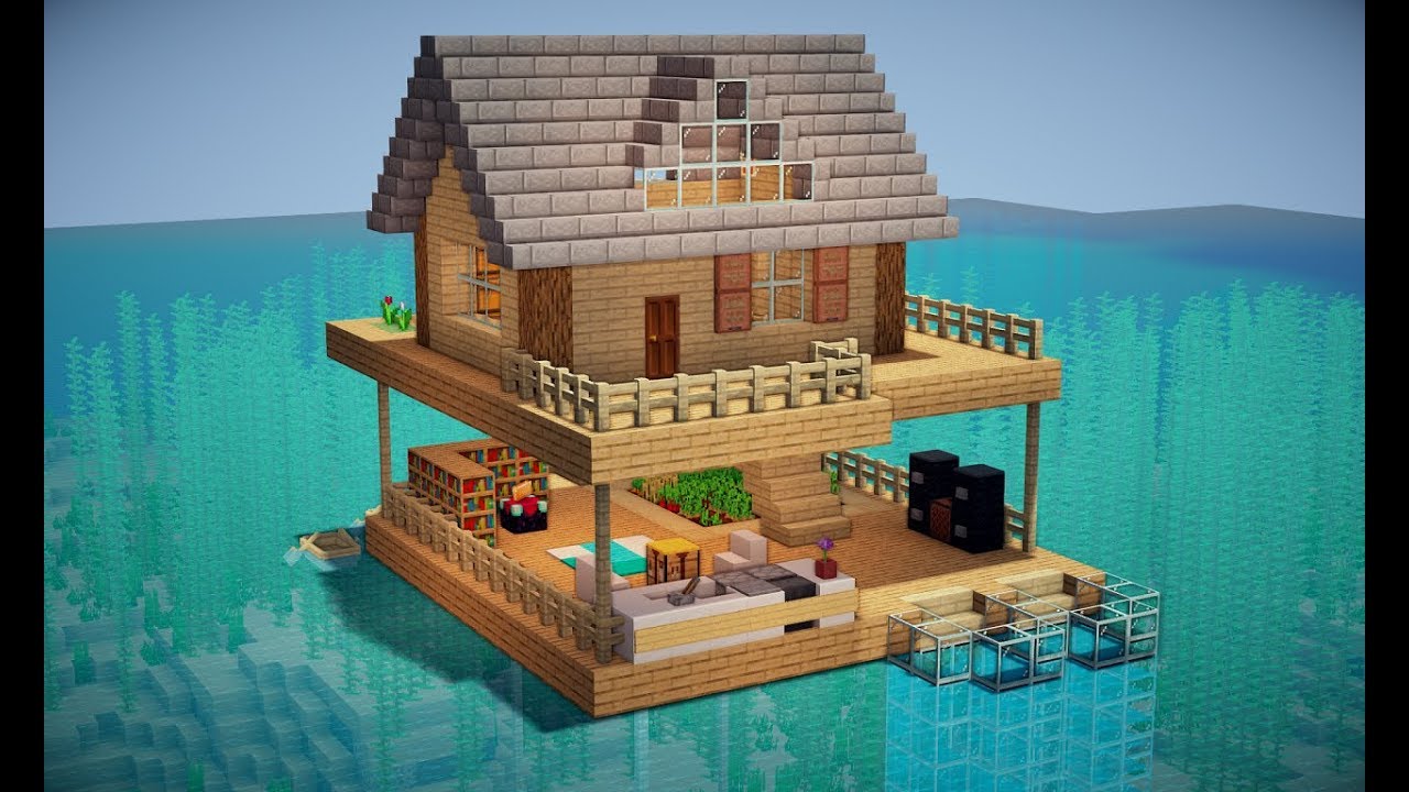Fundo Casa De Minecraft Construída Na água Em Minecraft Fundo