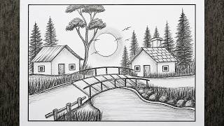 How to Draw a Beautiful Mountain Village with a River | Easy Pencil Drawing | Simple Village Drawing