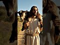 Jesus Christ with a serene and compassionate expression, carrying a baby goat #celebratingjesus