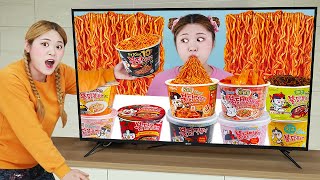 Mukbang Fire Spicy Noodle  & tteokbokki convenience store food by  HIU 하이유