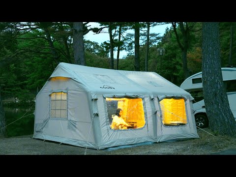 【キャンプ】秋の湖畔で焚火｜大型テントで過ごす贅沢キャンプ｜ストーブで作るトマト鍋