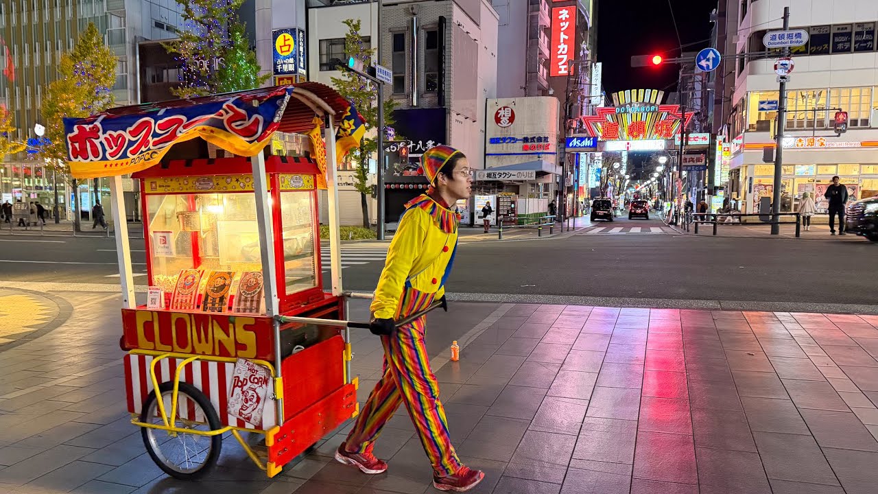 Удивительный японский клоун с попкорном бродит по ночным улицам Осаки