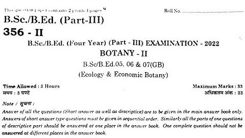 BSC BED PART-3/(BOTANY-2) (ECOLOGY AND ECONOMIC BOTANY- 2022) / R.U Previous year Questions paper🤞