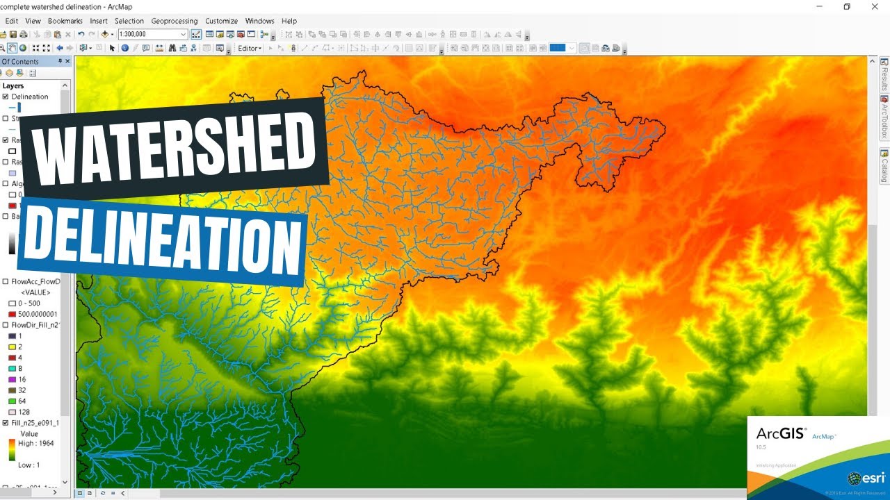 Watershed delineation from DEM using ArcGIS Drainage