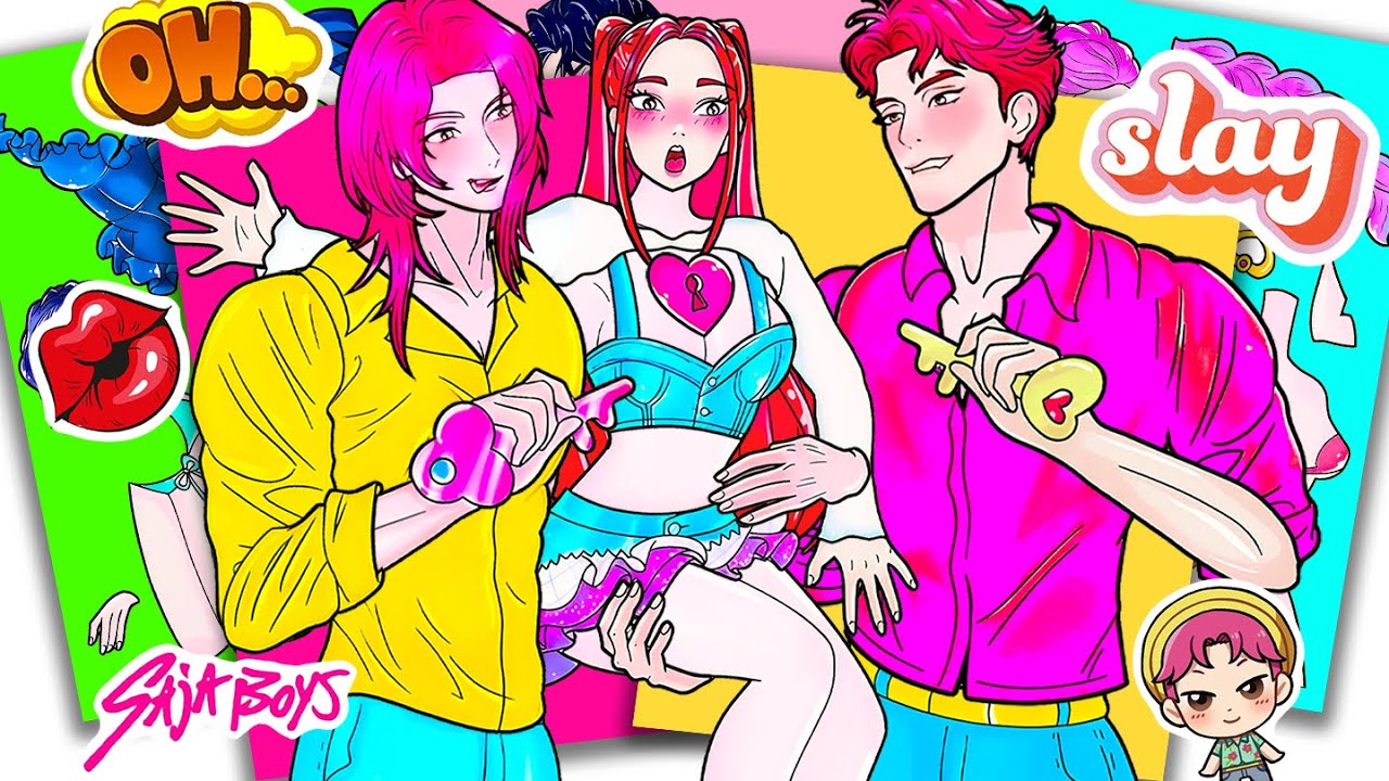 KPOP DEMON HUNTERS ASMR Sticker Triangle Love SAJA BOYS ABBY, ROMANCE And MIRA | Sticker Book DIY