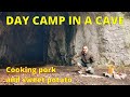 SOLO Bushcraft Day Camp in a Cave - Cooking Pork and Sweet Potato