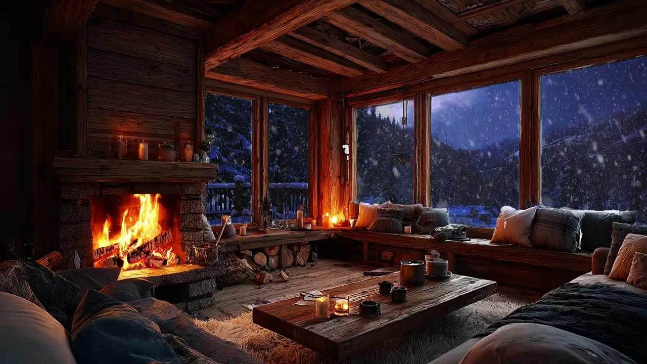 Peaceful Snowy Cabin at Night ❄️ | Calm Fireplace Ambience for Relaxing Sleep (NO ADS)