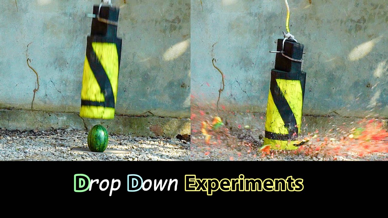 Drop Down Experiment - Heavy wood drop on watermelon and energy drink ...