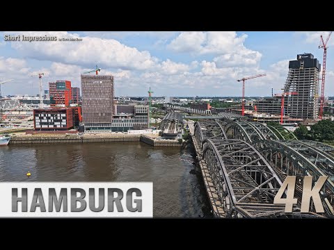 Hamburg, Germany: Norderelbe, Elbbrücken, Hafencity, Elbtower, U-Bahnhof - Vorwärtsflug - 4K - 0264