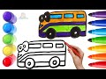 How To Draw cute School Bus Drawing, Painting &amp; Coloring For Kids and Toddlers_ Child Art 🐋🌈🎨