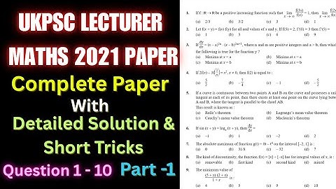 UKPSC Lecturer maths 2021 Paper Solution With Short Tricks Part - 1 Question 1-10 | PYQ