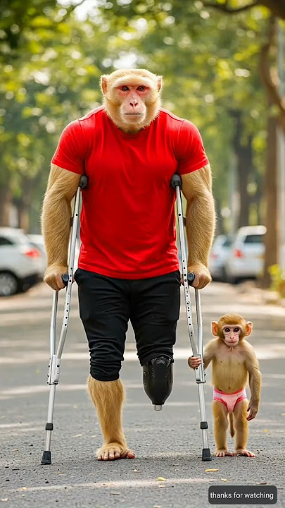 'Monkey upset after his leg breaks, but his son builds  robotic leg for him.'     #monkey #shorts