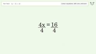 Linear equation with one unknown: Solve 4x-6=10 step-by-step solution