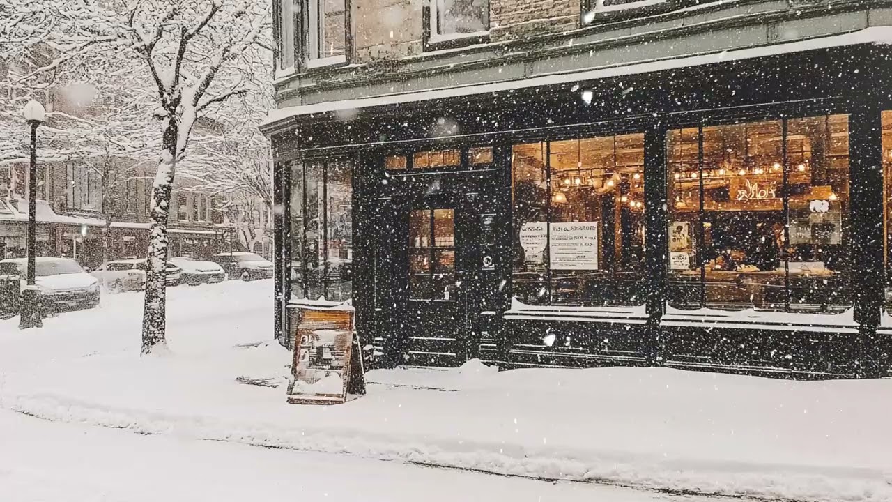 Relaxing Winter Street Ambience with Soft Jazz Music and Snowfall for a Cozy and Calm Atmosphere