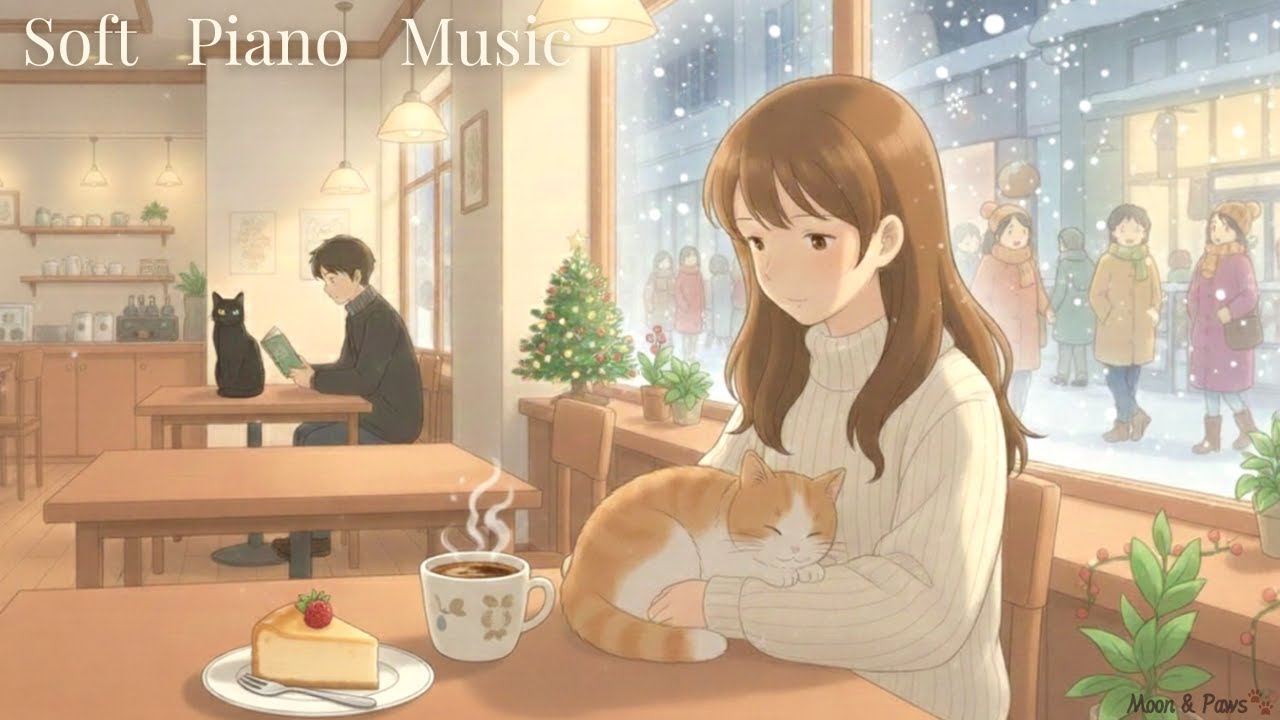 Moon & Paws 🐾 | Soft Piano for Cozy Cafe, Winter Calm & Relax | Snowy Coffee with Cat ☕❄️🐱 | 2 Hour