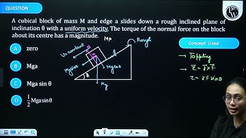 A cubical block of mass \(M\) and edge \(a\) slides down a rough inclined plane of inclination \(...