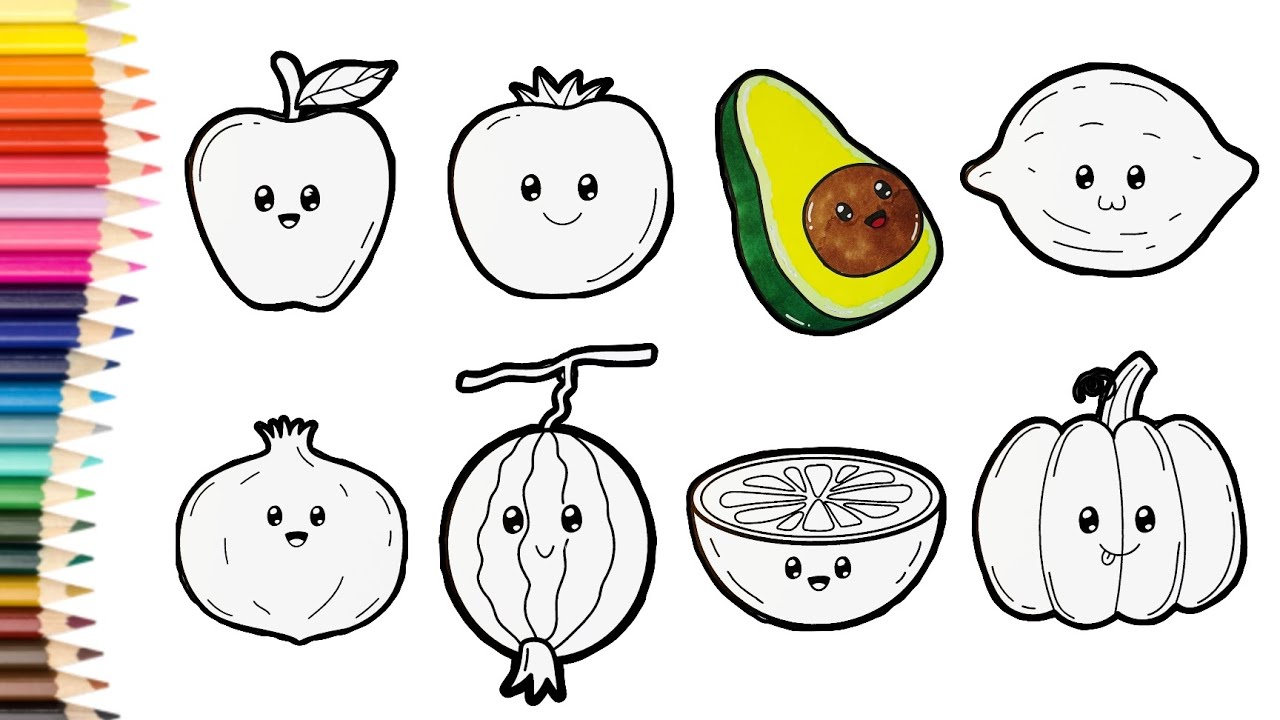 ASMR Coloring Cute Fruits with Markers | Apple Avocado Orange Watermelon Lemon Pumpkin Pomegranate