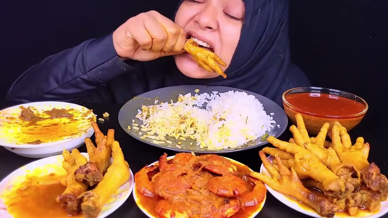 BIG BITE HUGE CHICKEN FEET CURRY, SPICY CHICKEN LIVER AND GIZZARD CURRY, SHRIMP FISH CURRY *ASMR*