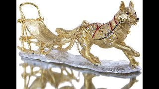 Sled Dog Figurine Trinket Boxes Hinged Collectible Crystals Jeweled Enameled Wolf Animal