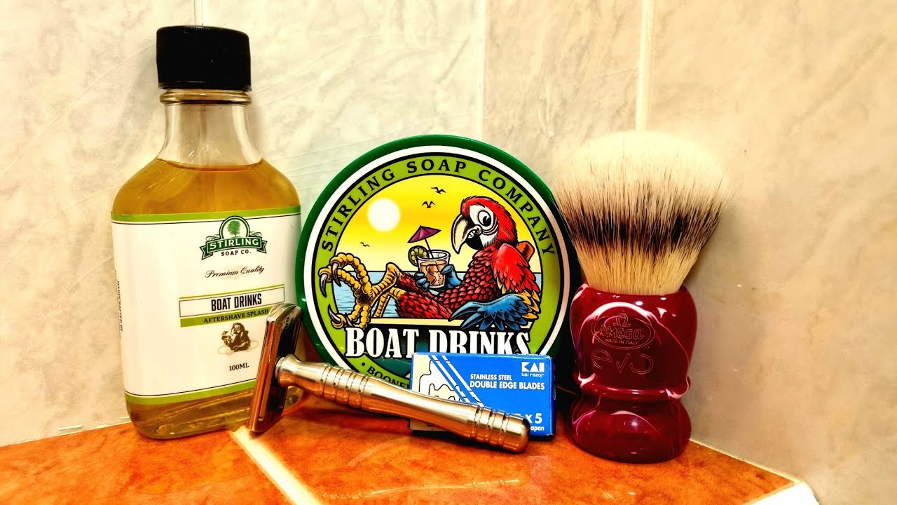 ⁣Stirling Boat Drinks Shaving Soap & Splash. Razorine Flatboy. Kai Blade. Omega Evo Cardinal Brush.