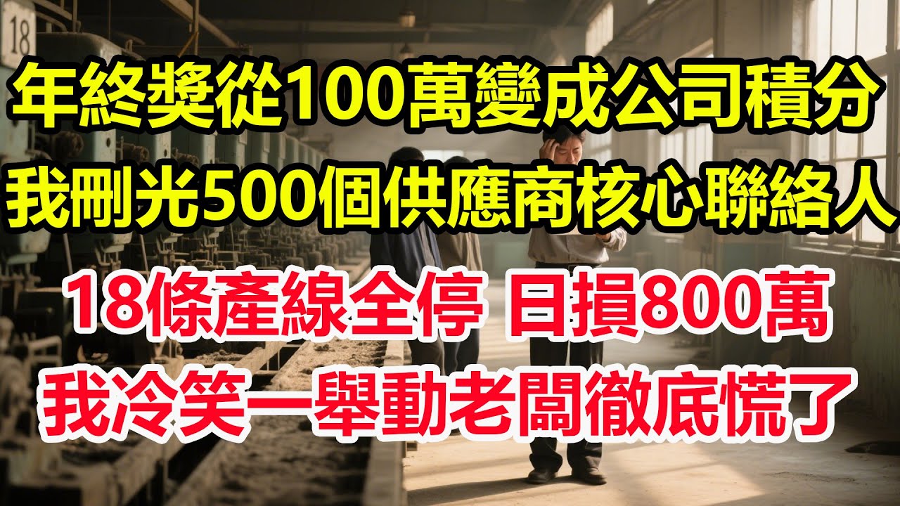 年終獎從100萬變成公司積分，我刪光500個供應商核心聯絡人，春節前18條產線全停，日損8000萬，我冷笑一舉動老闆徹底慌了！#情感 #爽文 #職場 #生活 #總裁