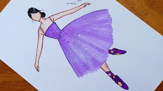 تعليم رسم فستان راقصة باليه سهل جدا خطوة بخطوة | رسم فساتين | رسم سهل