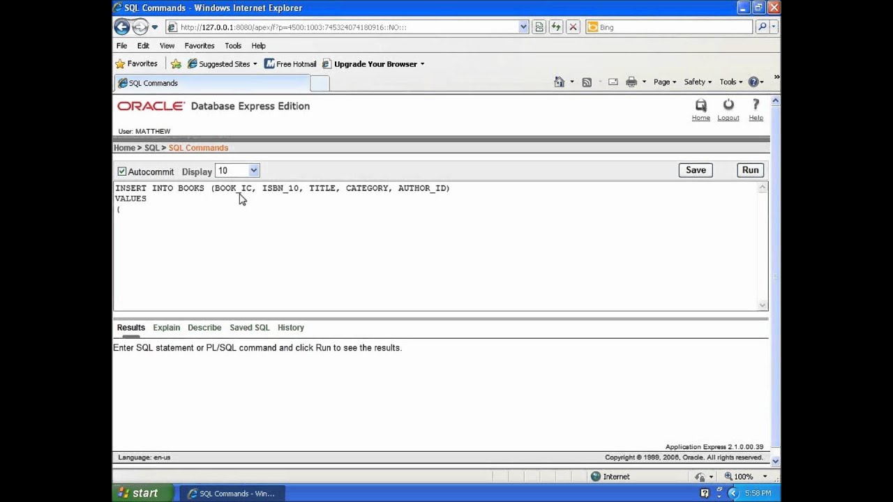 Results for oracle 10g