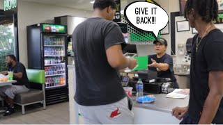 Taking money from TIP JARS prank!! **COPS CALLED**