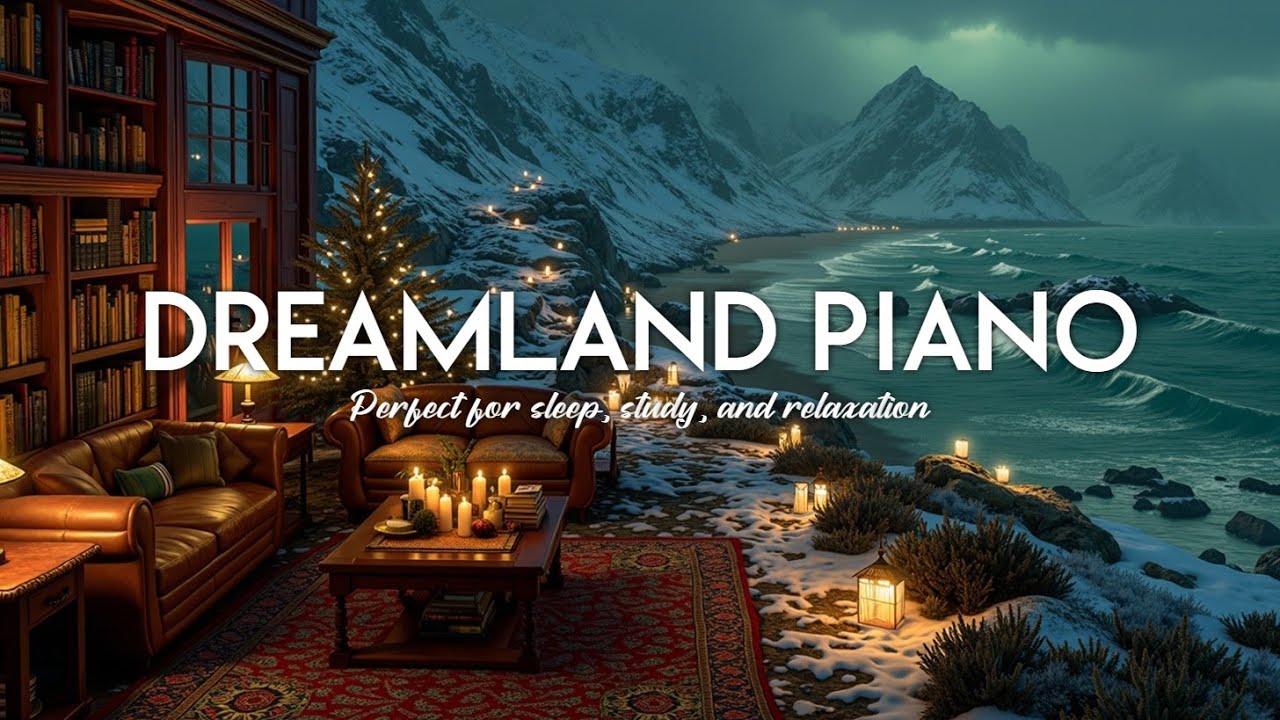 Relaxing Winter Piano Music ~ Cozy Cabin & Snowy Ocean View for Sleep
