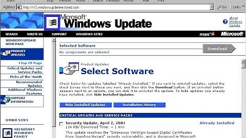 Viewing installed updates on Windows 95 4.00.950 B on Windows Update v3