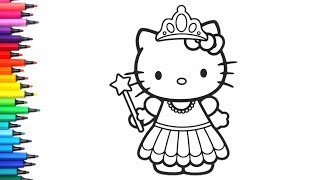 👑 Princess Hello Kitty Drawing & Coloring Tutorial for Kids | Easy Cute Cartoon Art 🎨