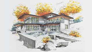 Drawing a two-point perspective of a villa in nature