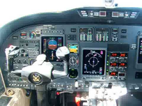 The cockpit of a Cessna Citation Ultra, instrument panel while in flight. Primus 1000 avionics. c560.