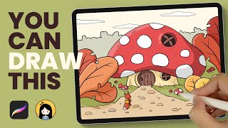 How to Draw A Cute Mushroom House in Procreate | Easy Tutorial for Beginners | Cute Drawing Ideas