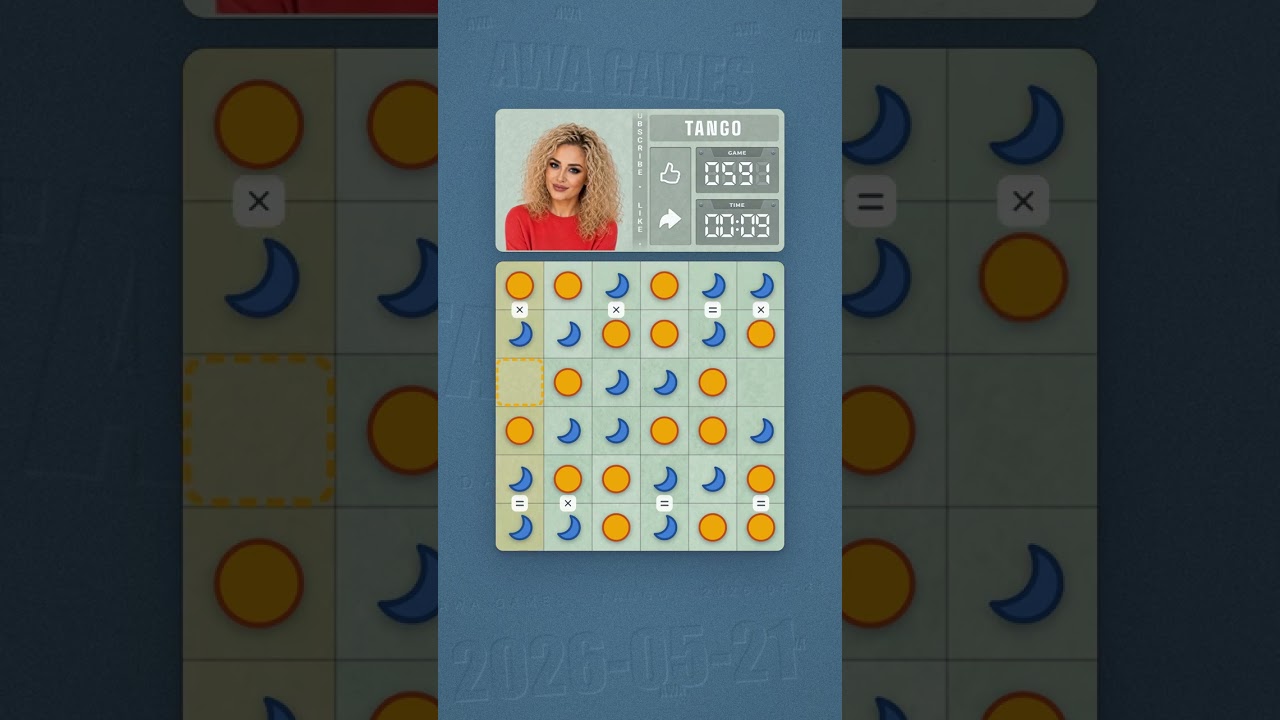 LinkedIn Tango #591 solved board for May 21, 2026, 6x6 grid