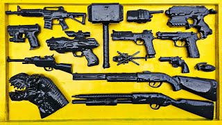 AK47 gun, M16 weapon, Glock pistol, Shotgun, Cowboy pistol, Revolver, Sniper Rifles, machine gun.